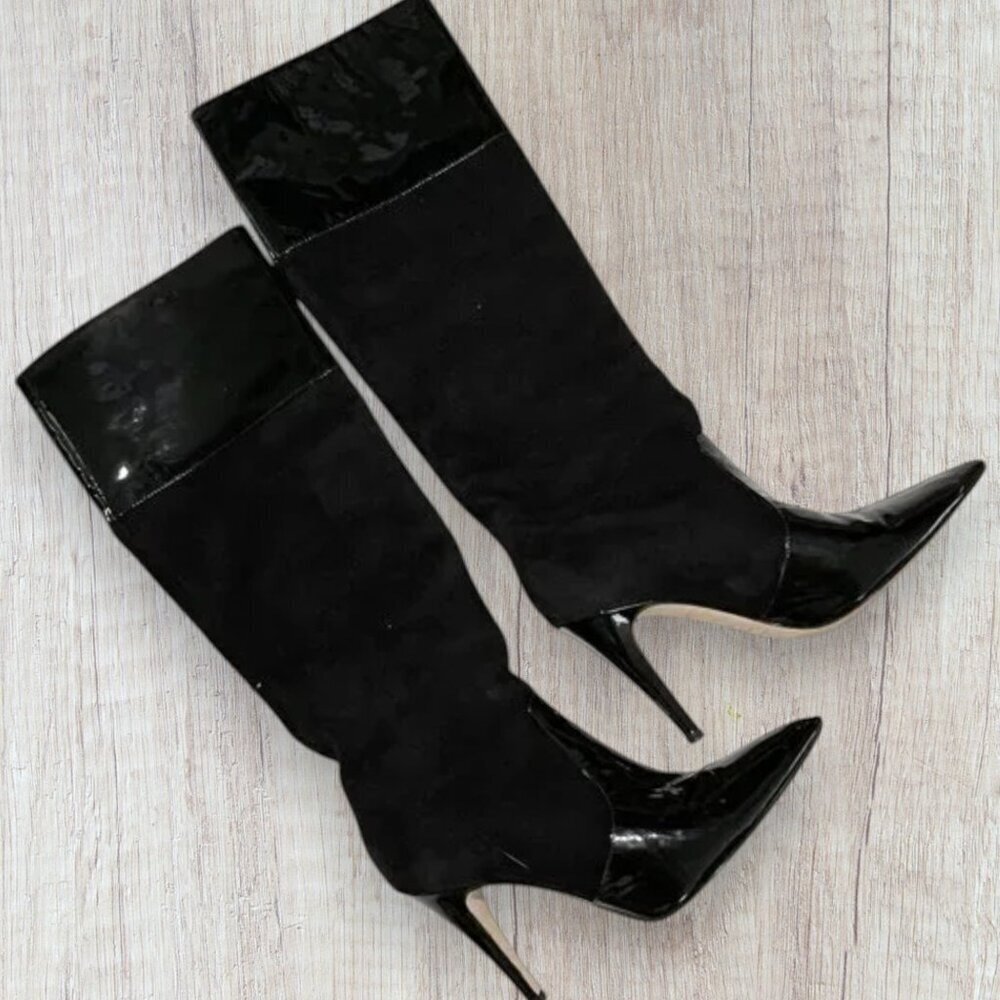 Kate Spade Black Suede Patent Leather Pointed Toe Stiletto Boots Womens 6.5